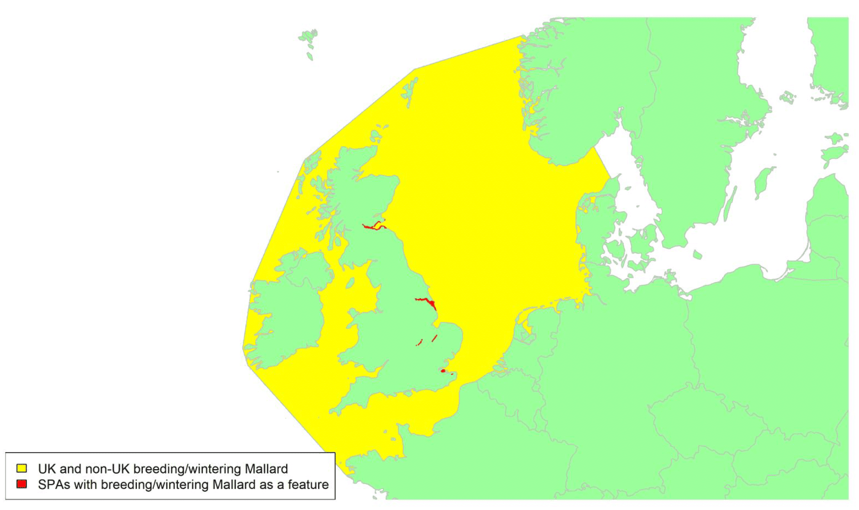 Map of North West Europe showing migratory routes and SPAs within the UK for Mallard as described in the text below.