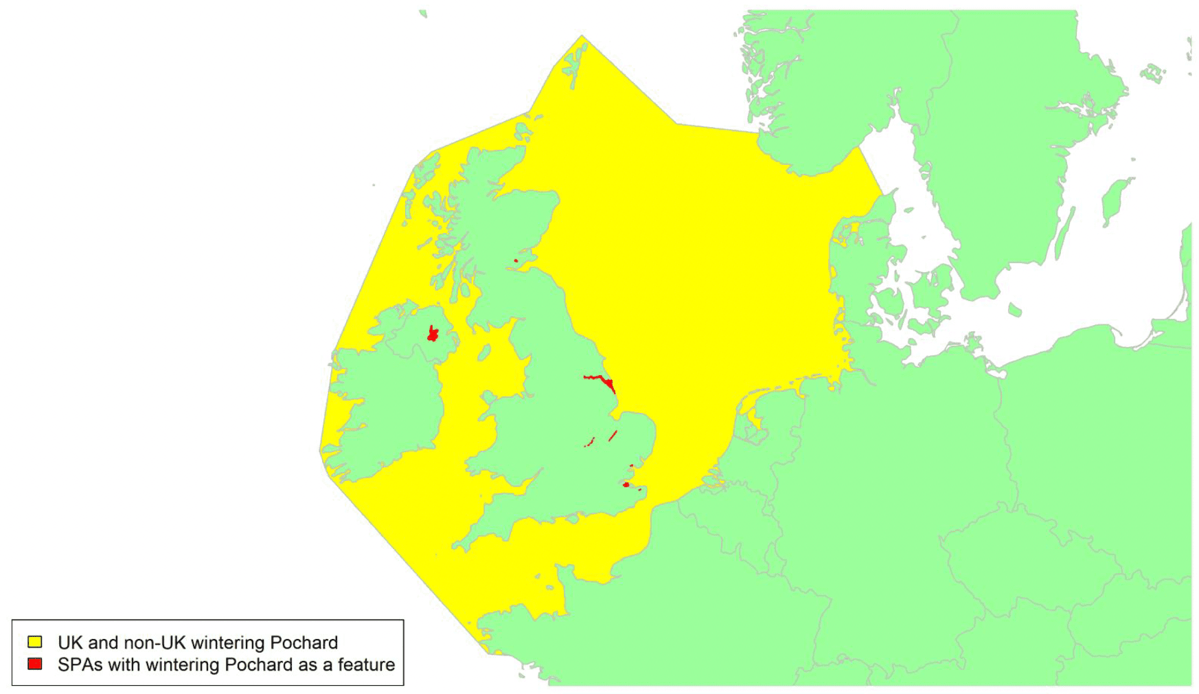 Map of North West Europe showing migratory routes and SPAs within the UK for wintering Pochard as described in the text below.