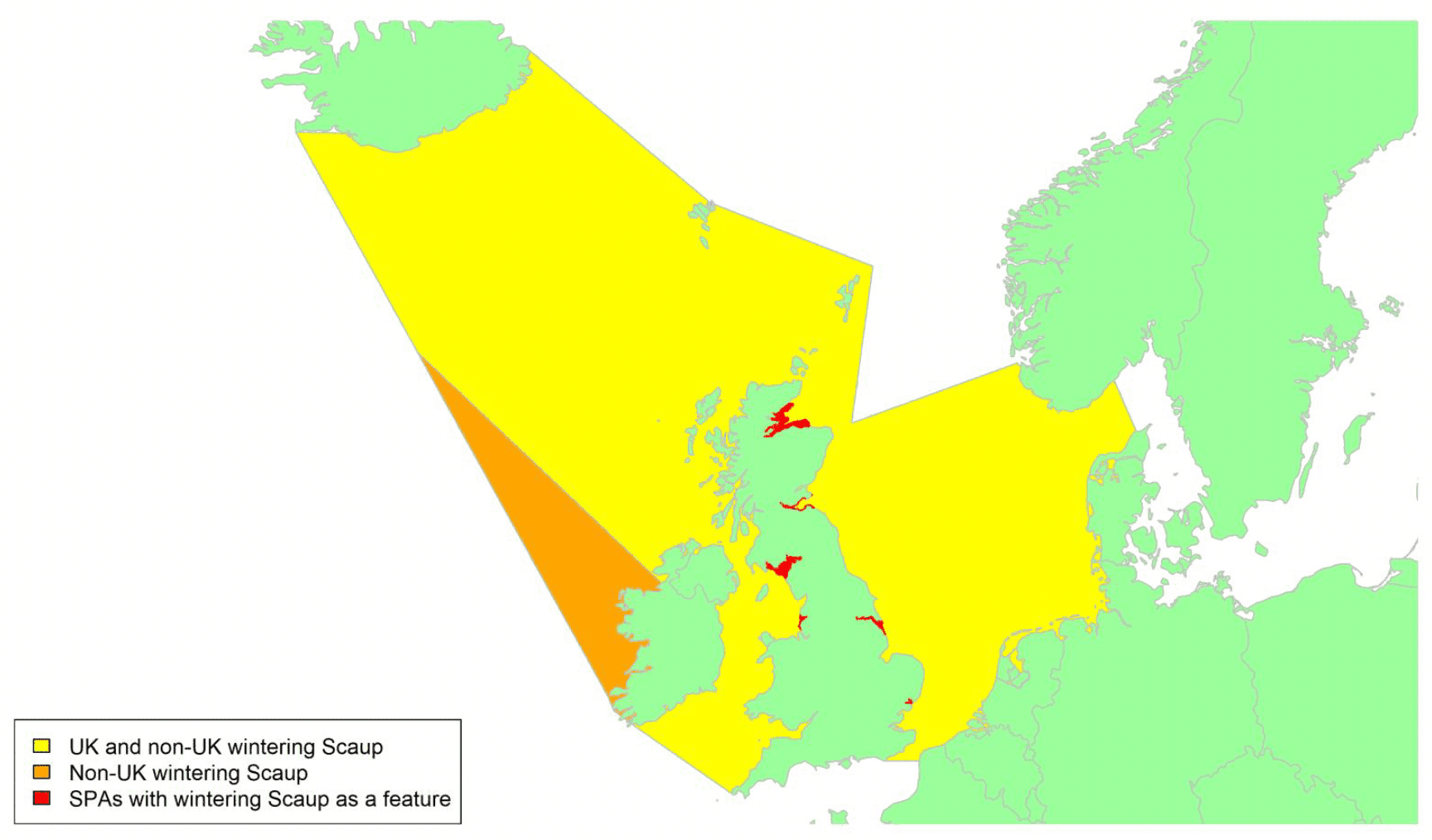 Map of North West Europe showing migratory routes and SPAs within the UK for Scaup as described in the text below.