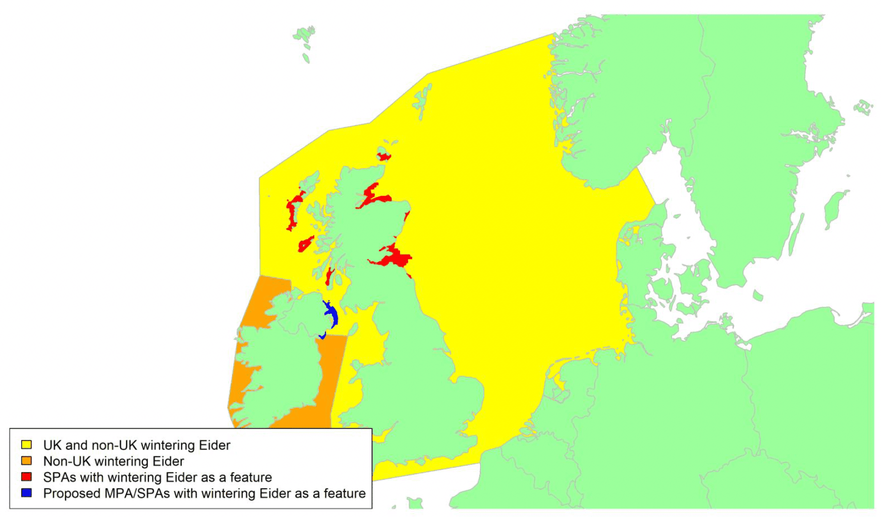 Map of North West Europe showing migratory routes and SPAs within the UK for Eider as described in the text below.