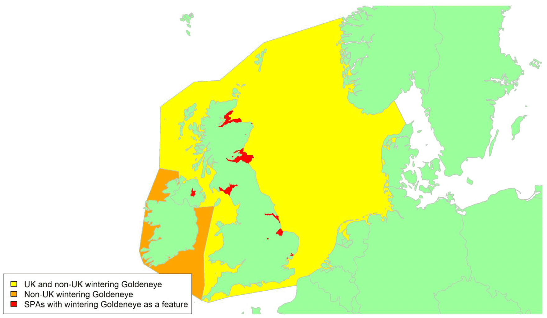 Map of North West Europe showing migratory routes and SPAs within the UK for Goldeneye as described in the text below.