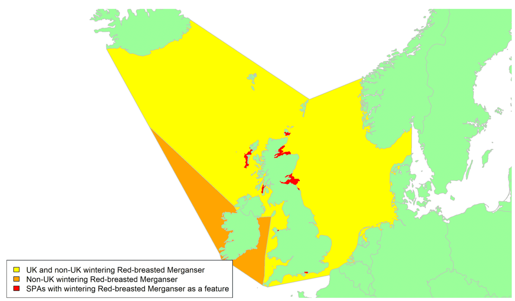 Map of North West Europe showing migratory routes and SPAs within the UK for Red-breasted Merganser as described in the text below.