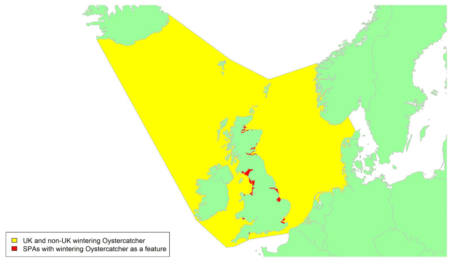 Map of North West Europe showing migratory routes and SPAs within the UK for wintering Oystercatcher as described in the text below.