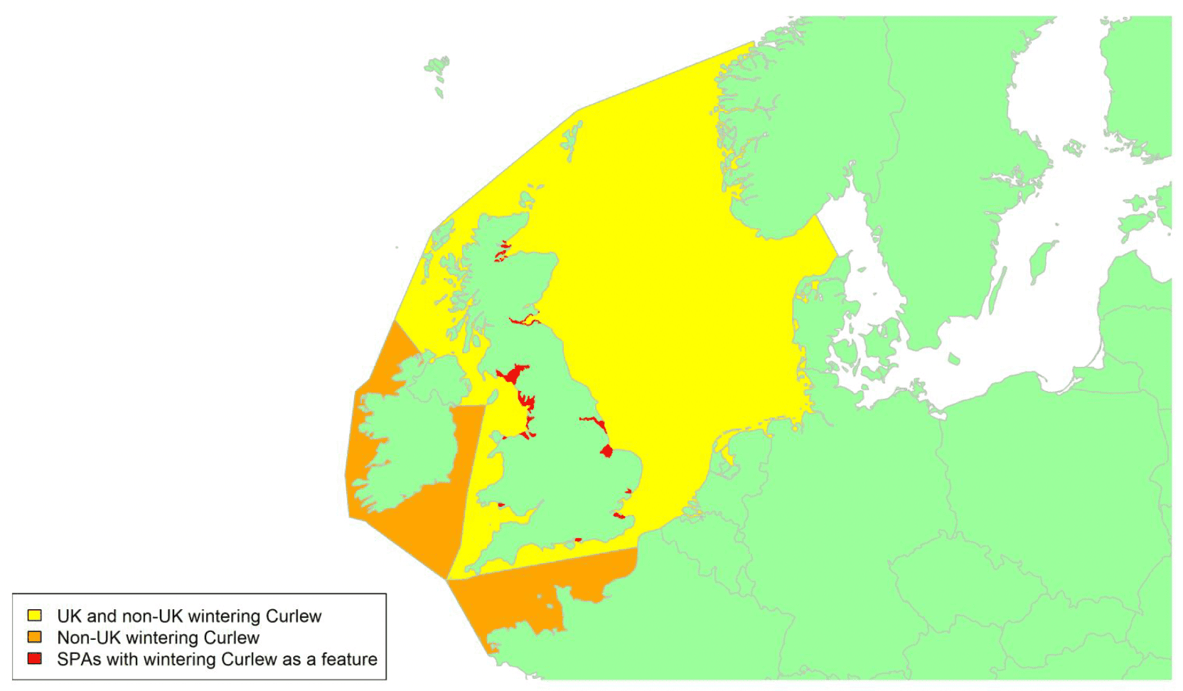 Map of North West Europe showing migratory routes and SPAs within the UK for Curlew as described in the text below.