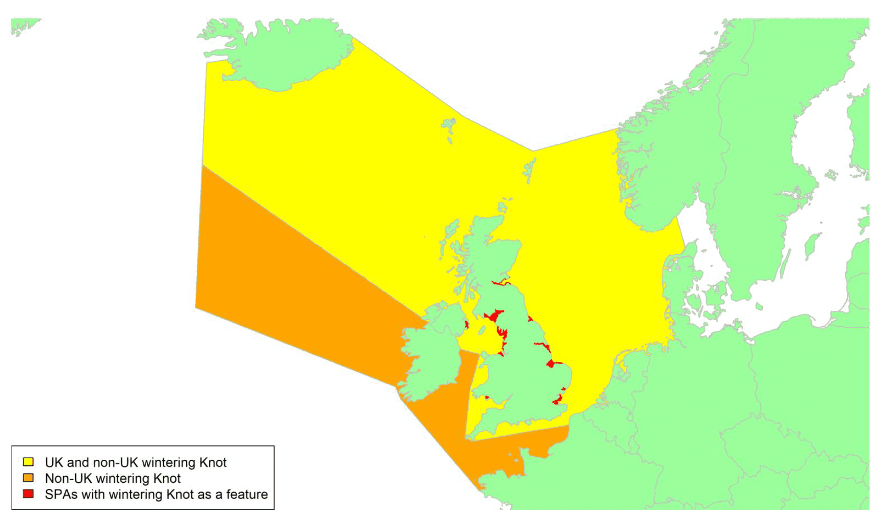 Map of North West Europe showing migratory routes and SPAs within the UK for Knot as described in the text below.