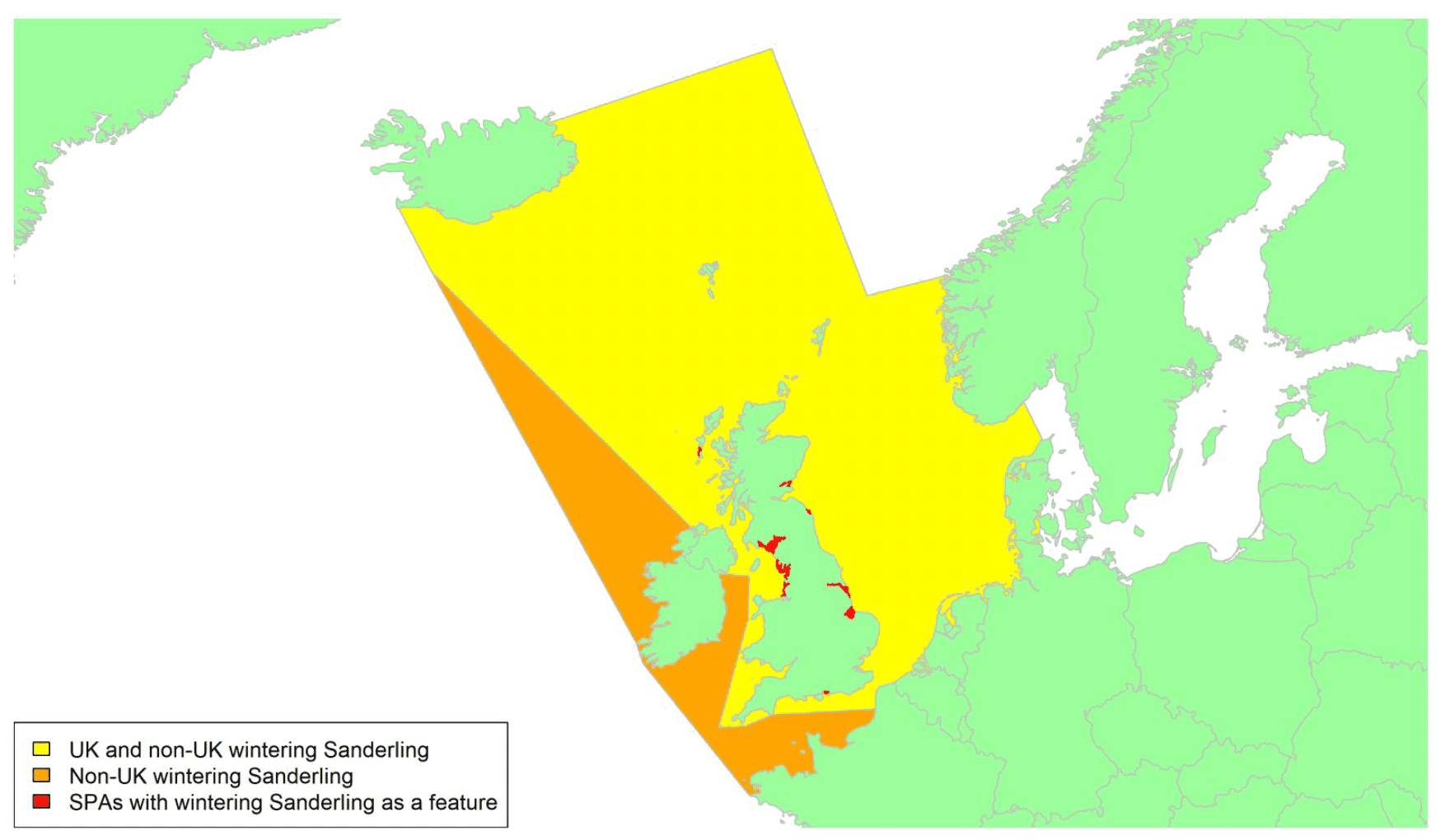 Map of North West Europe showing migratory routes and SPAs within the UK for Sanderling as described in the text below.