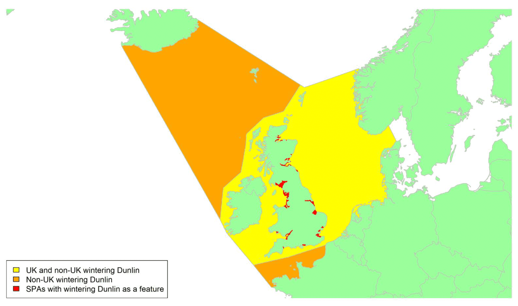 Map of North West Europe showing migratory routes and SPAs within the UK for wintering Dunlin as described in the text below.