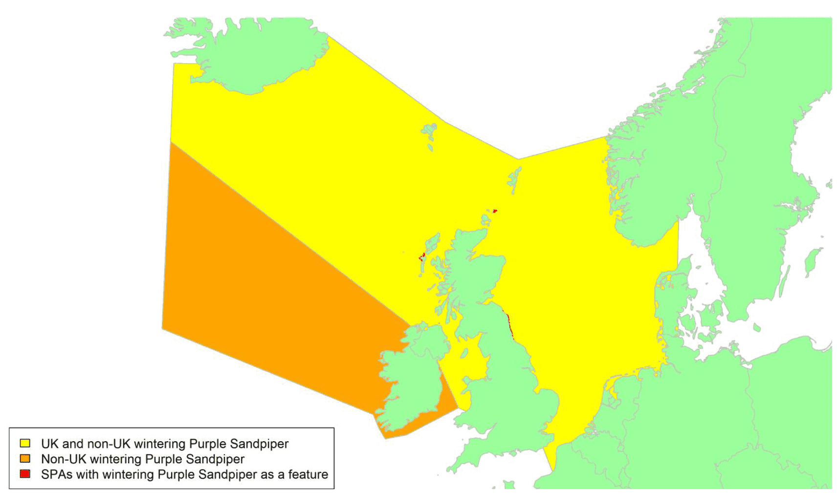 Map of North West Europe showing migratory routes and SPAs within the UK for Purple Sandpiper as described in the text below.