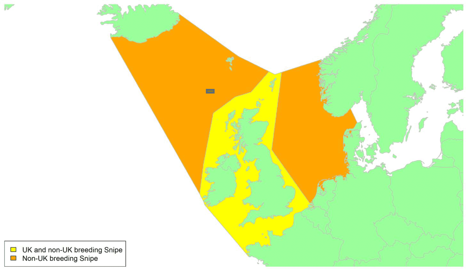 Map of North West Europe showing migratory routes and SPAs within the UK for breeding Snipe as described in the text below.