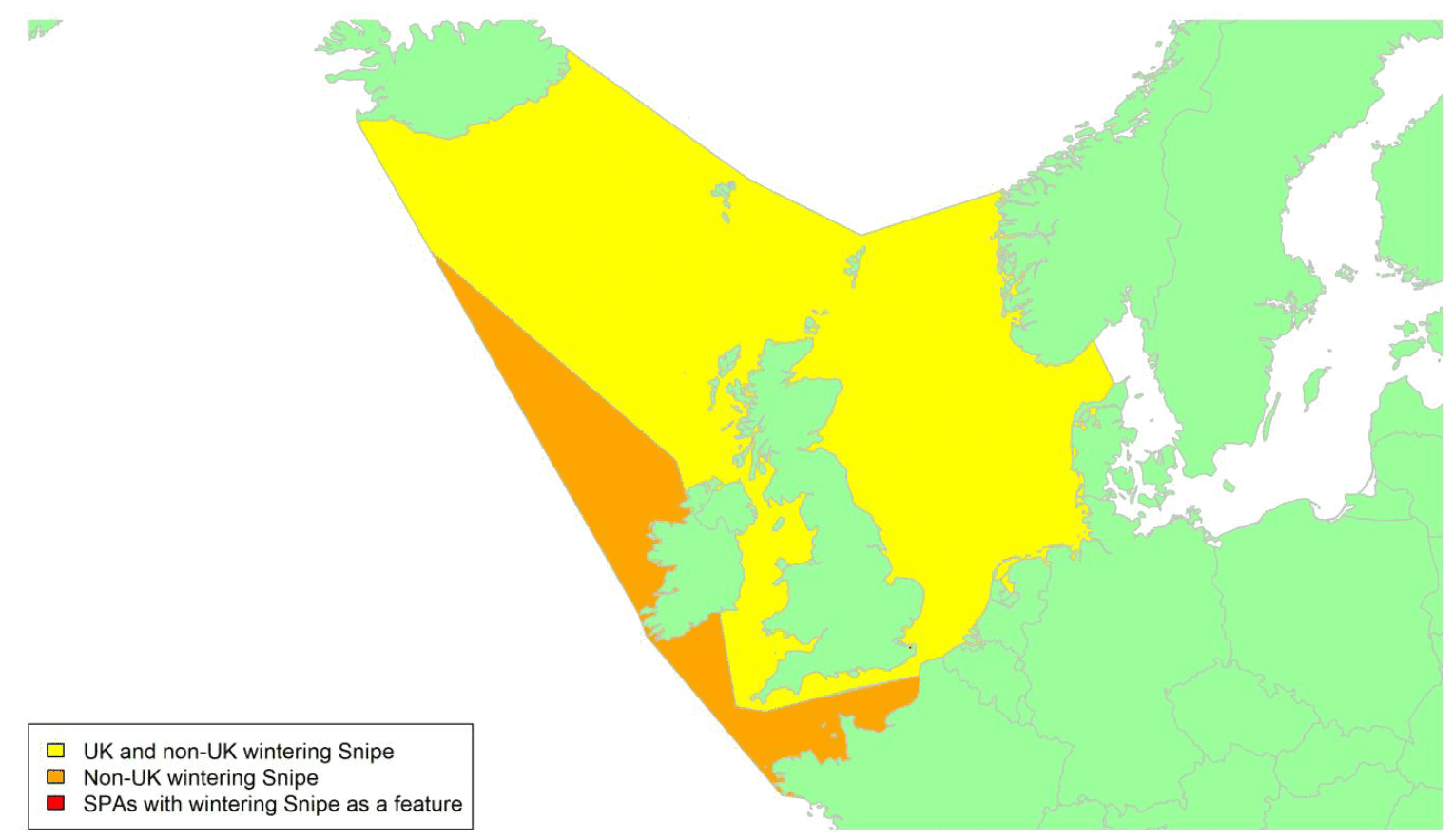 Map of North West Europe showing migratory routes and SPAs within the UK for wintering Snipe as described in the text below.