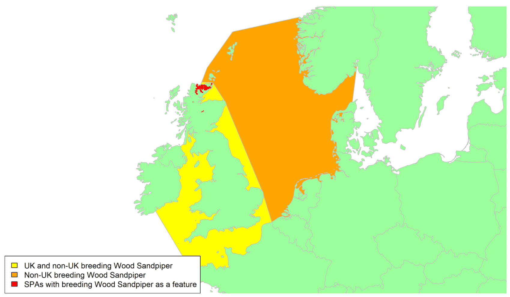 Map of North West Europe showing migratory routes and SPAs within the UK for Wood Sandpiper as described in the text below.