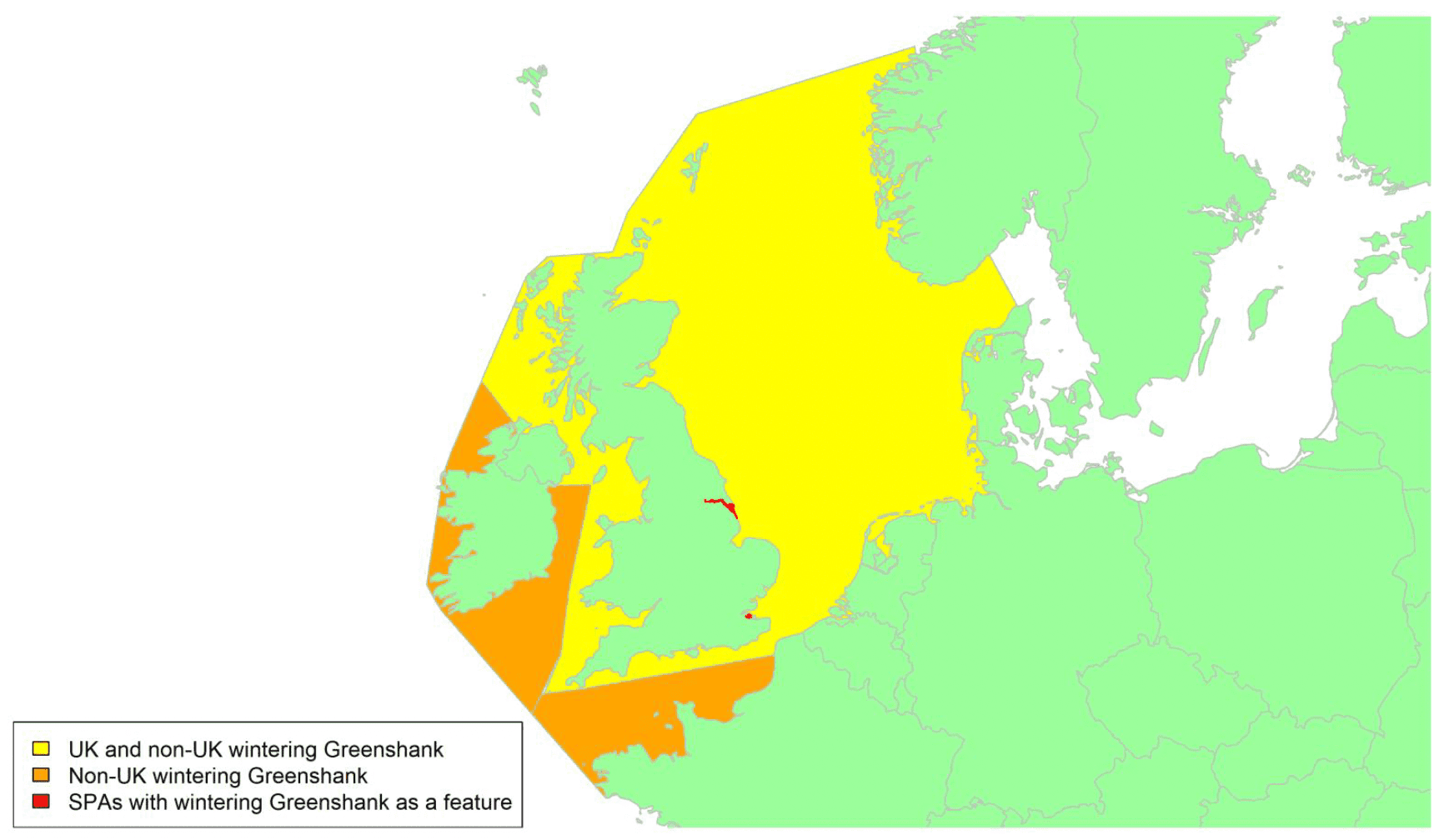 Map of North West Europe showing migratory routes and SPAs within the UK for Greenshank as described in the text below.