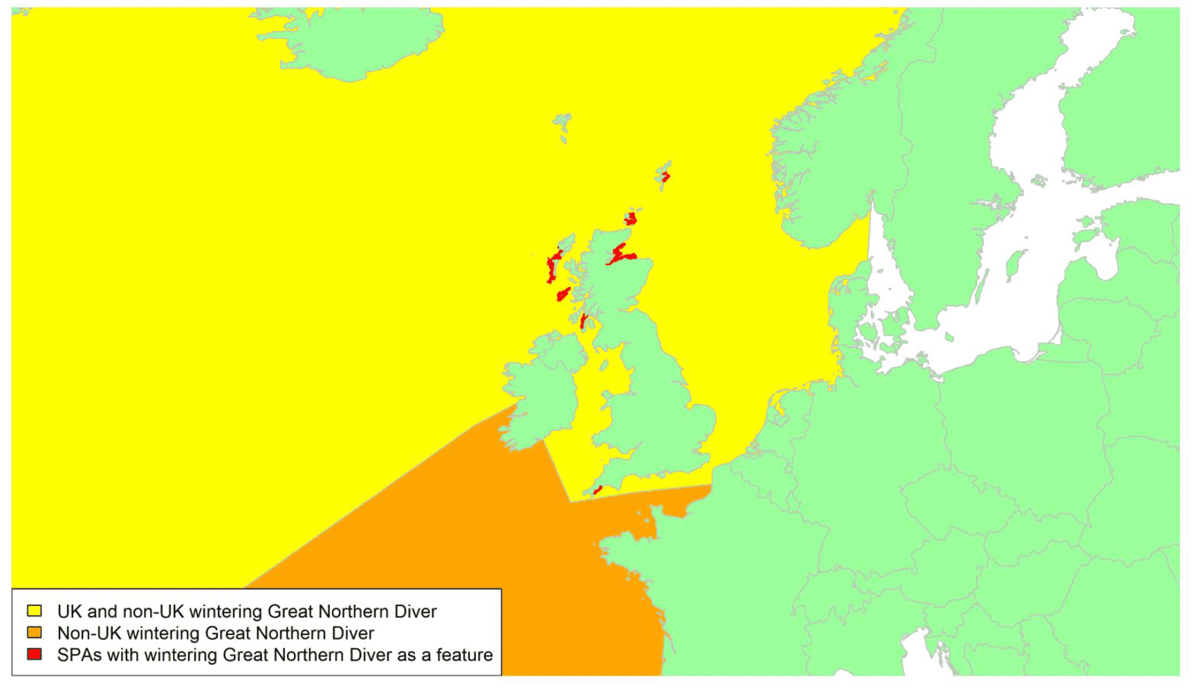 Map of North West Europe showing migratory routes and SPAs within the UK for Great Northern Diver as described in the text below.