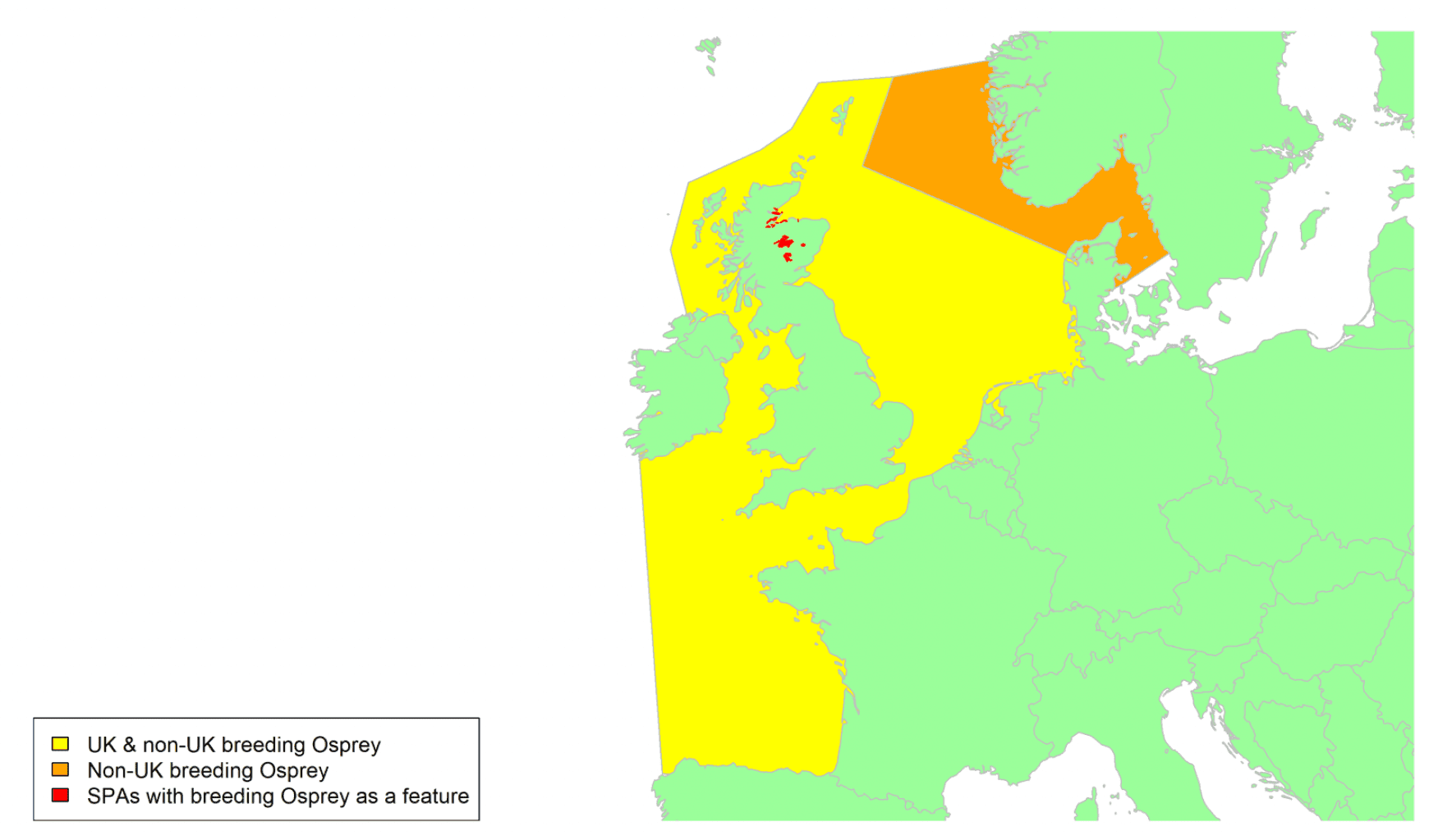 Map of North West Europe showing migratory routes and SPAs within the UK for Osprey as described in the text below.
