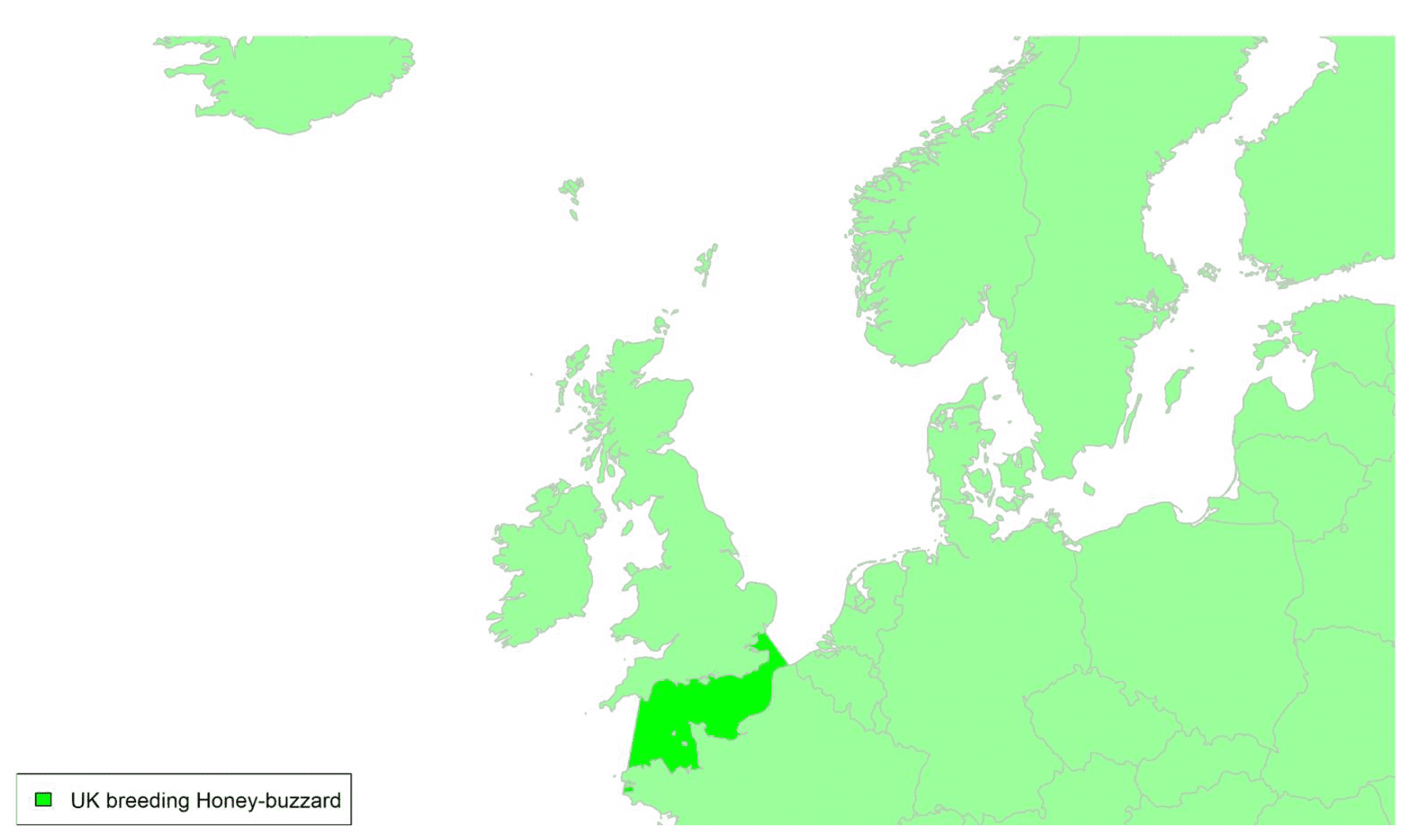 Map of North West Europe showing migratory routes and SPAs within the UK for Honey Buzzard as described in the text below.