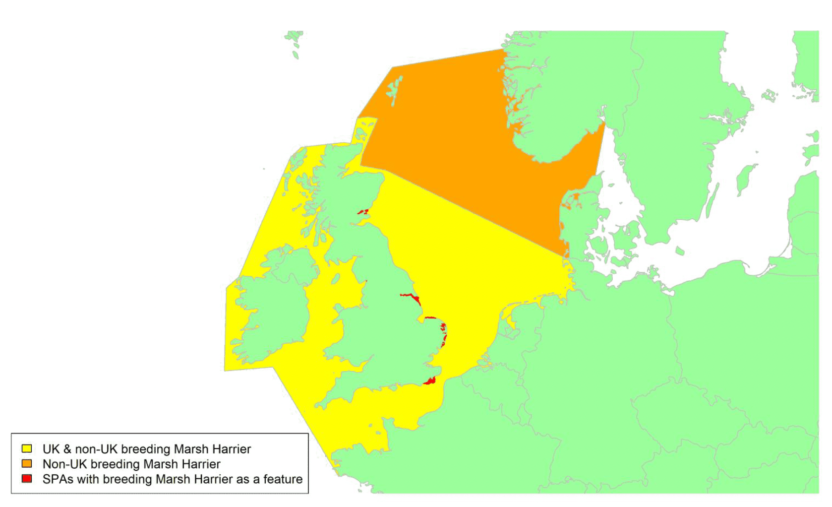 Map of North West Europe showing migratory routes and SPAs within the UK for breeding Marsh Harrier as described in the text below.
