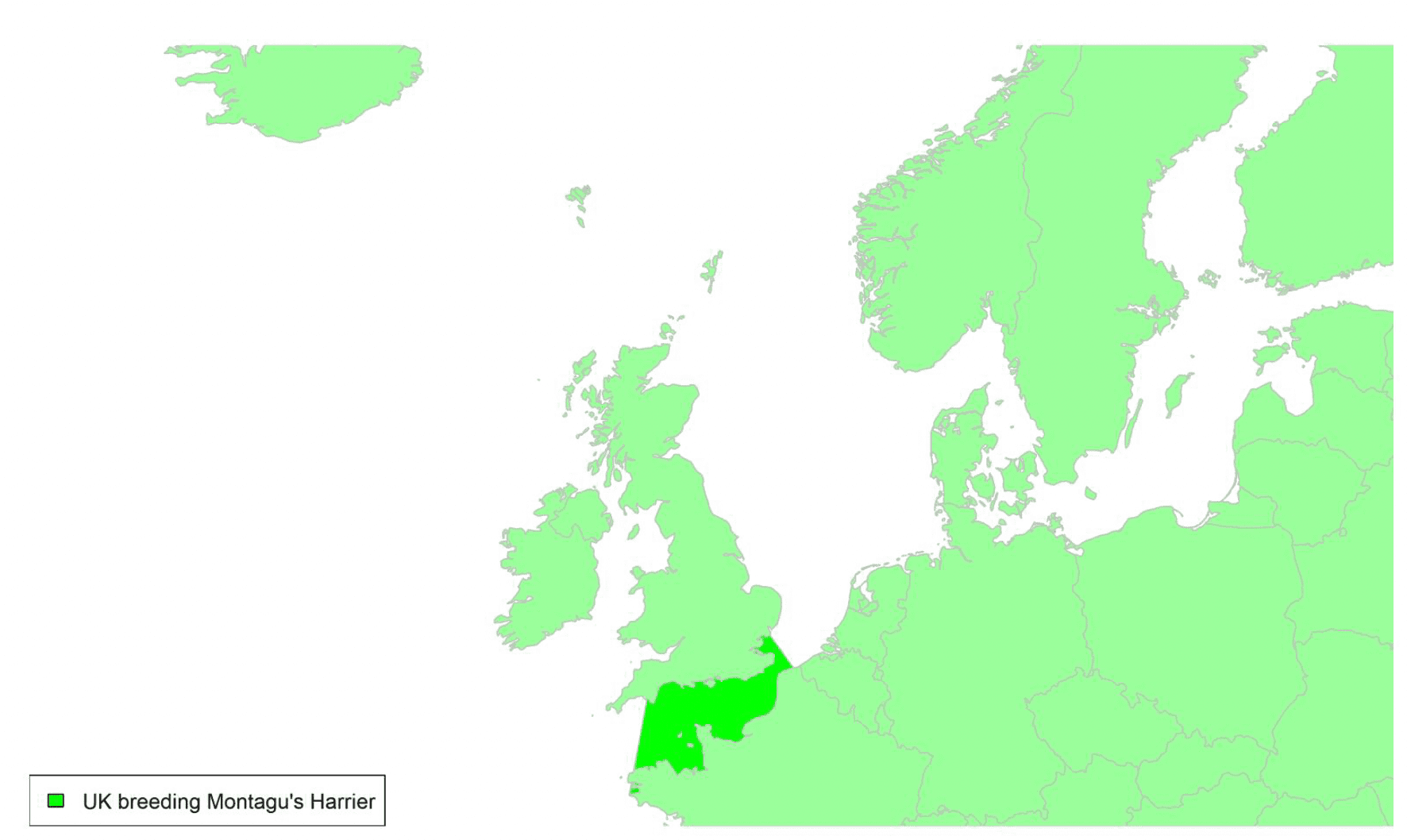 Map of North West Europe showing migratory routes and SPAs within the UK for Montagu's Harrier as described in the text below.