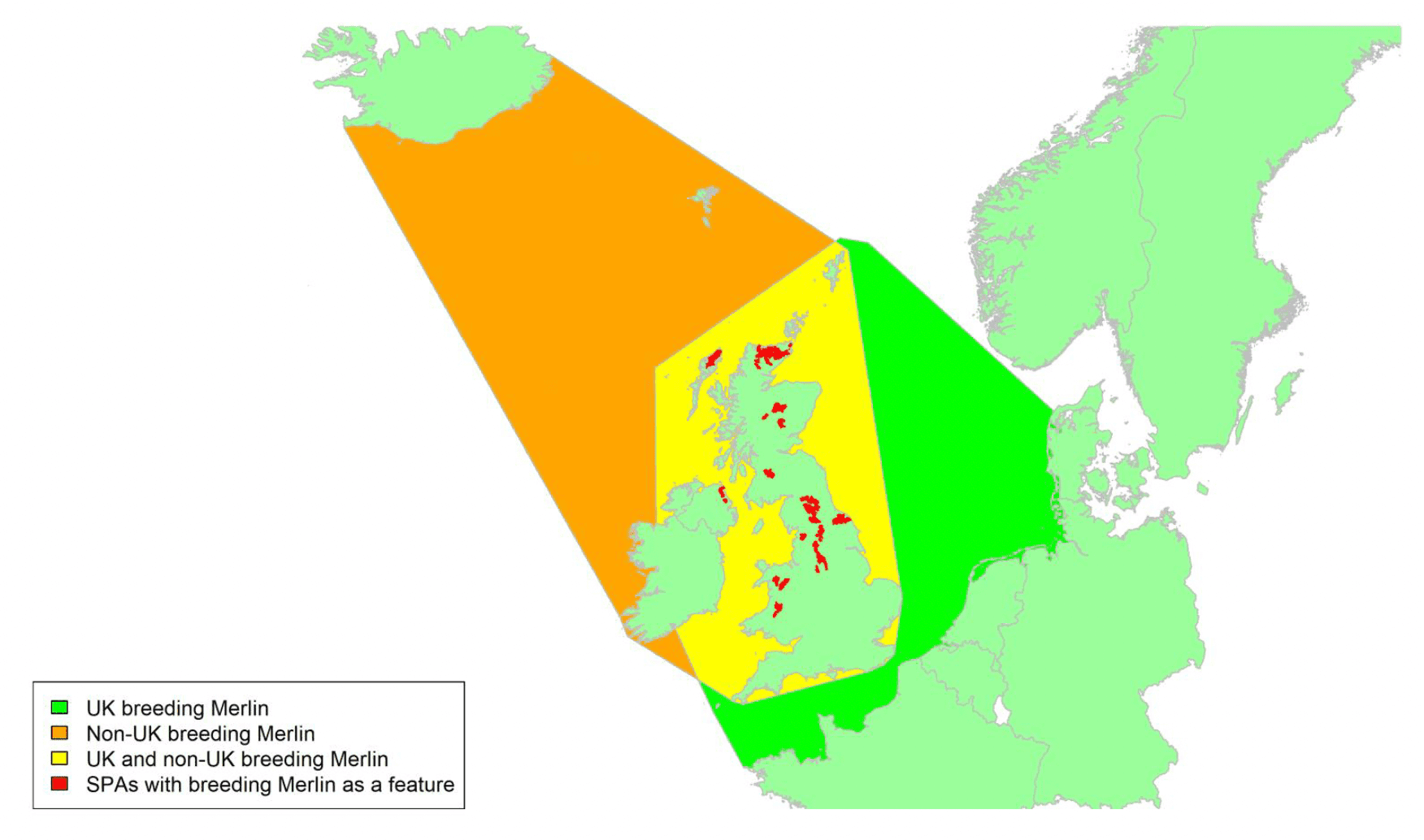 Map of North West Europe showing migratory routes and SPAs within the UK for Merlin as described in the text below.
