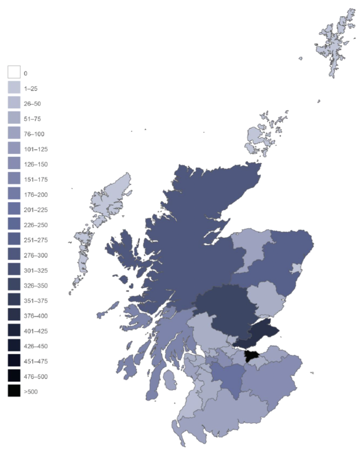 Image of Scotland detailing the total number of guests known to have arrived at longer-term accommodation under Ukraine Individual Sponsor Scheme by local authority.