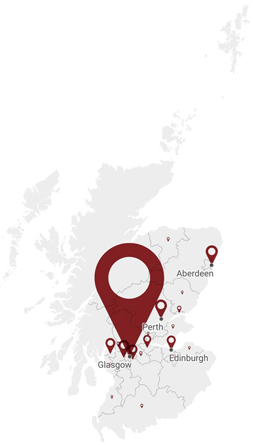 map of Scotland split into local authority areas. Areas in which asylum seekers are in receipt of support from local authorities has been highlighted, with the largest number receiving support in Glasgow