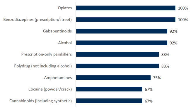Bar chart showing the types of substances for which prisons report offering treatment or support. Prisons provide treatment across the range of substance use profiles.