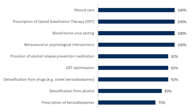 Bar chart showing the share of prisons by type of treatment or support offered. All prisons report providing wound care, blood-borne virus testing and behavioural or psychological interventions.