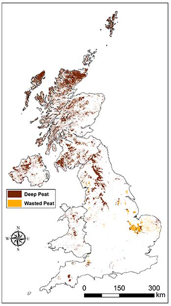 Map highlighting the extent of deep peat and wasted peat across the UK.