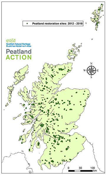 Map highlighting the locations of peatland restoration sites funded by Peatland ACTION across Scotland