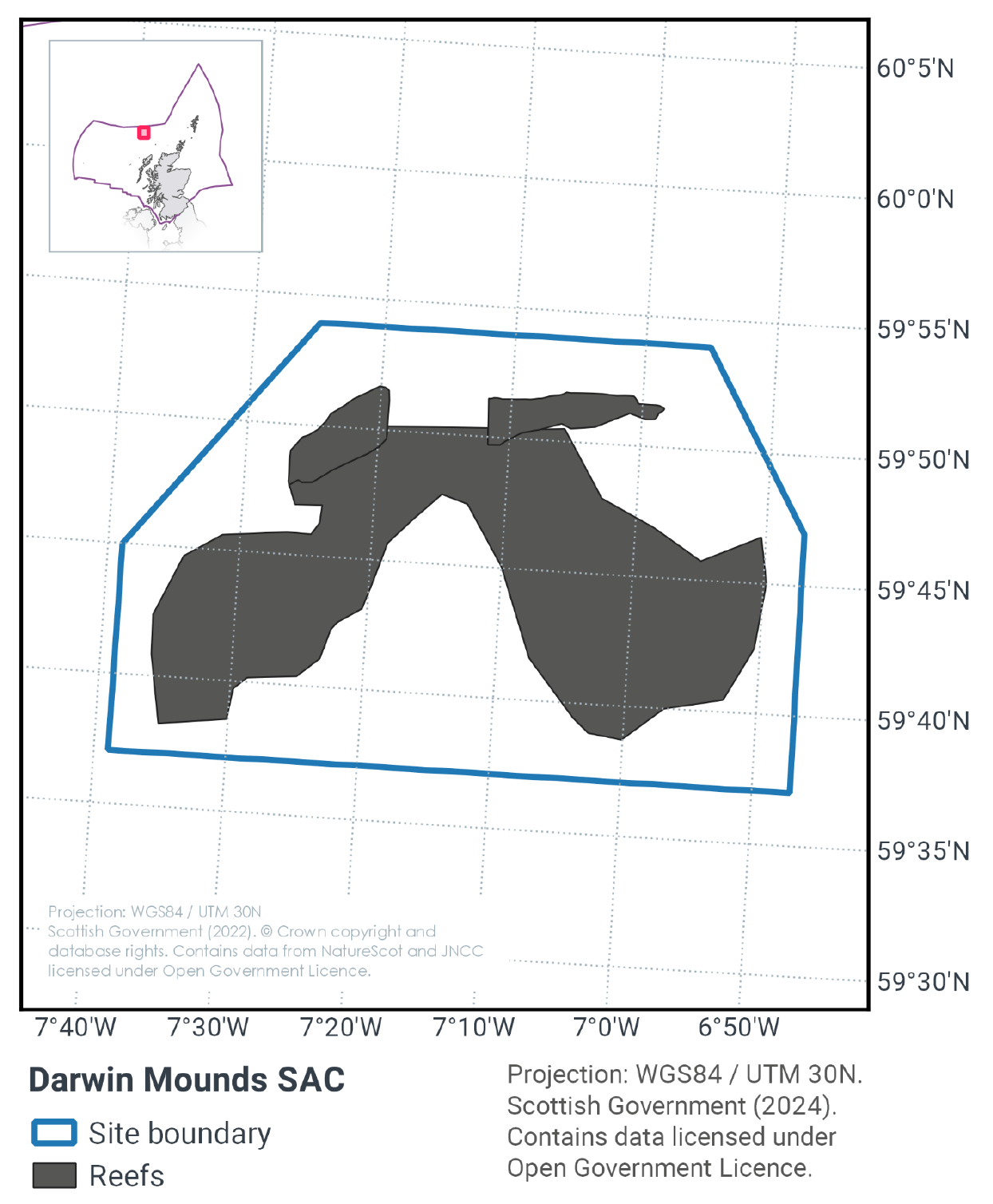 Map of Darwin Mounds SAC, north of Lewis between 59°55N 7°40W, 59°35N 6°25W. The SAC is composed of a roughly arch shaped area of reef, and the immediately surrounding seas. There is some space between the edge of the reef area and the boundary of the site.