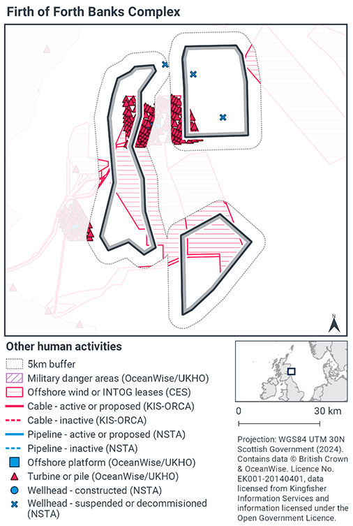 Map of non-fishing human activity in the MPA. There are two suspended or decommissioned wellheads in the northern sector. Offshore wind or INTOG leases exist in the north and east of the southern sector and throughout the centre and east of the western sector. A large area of turbines or piles spans between the north of the western sector and the southwest of the northern sector.