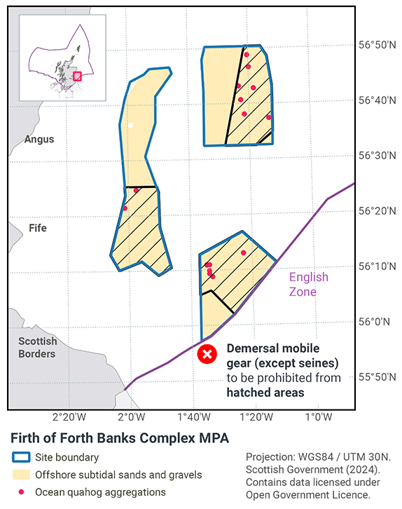 Map showing proposed restrictions on fishing. The southern sector would be closed to demersal mobile gear (except seines) in all areas but the southern tip. The southern half of the western sector would have the same restrictions, as would the eastern half of the northern sector. These restrictions would cover all ocean quahog aggregations