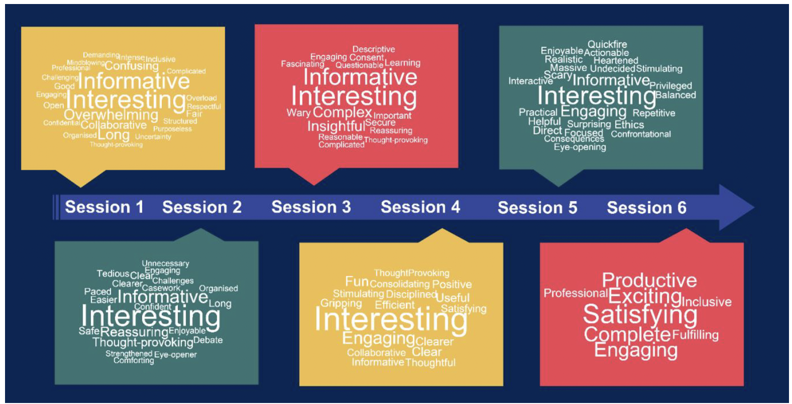 Image showing words participants used to describe sessions 1-6. Common words from session 1: 'Interesting', 'Informative'; session 2: 'Interesting', Informative'; session 3: 'Informative', 'Interesting'; session 4: 'Interesting', Engaging'; session 5: 'Interesting', 'Engaging'; session 6: 'Satisfying', 'Exciting', 'Productive'.