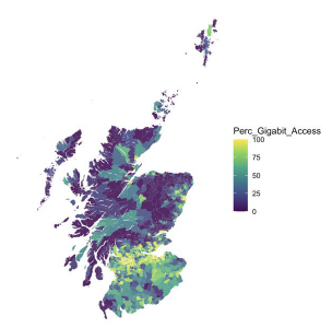 Heat map of Scotland showing the percentage of households with access to gigabit broadband by Data Zone.