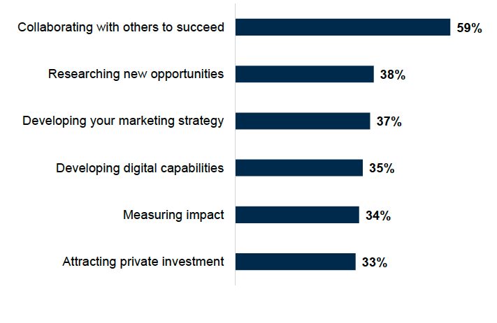 A bar chart showing that respondents were most likely to agree that collaborating with others to succeed would be beneficial in the future (59%), followed by researching new opportunities (38%) and developing your marketing strategy (37%). 