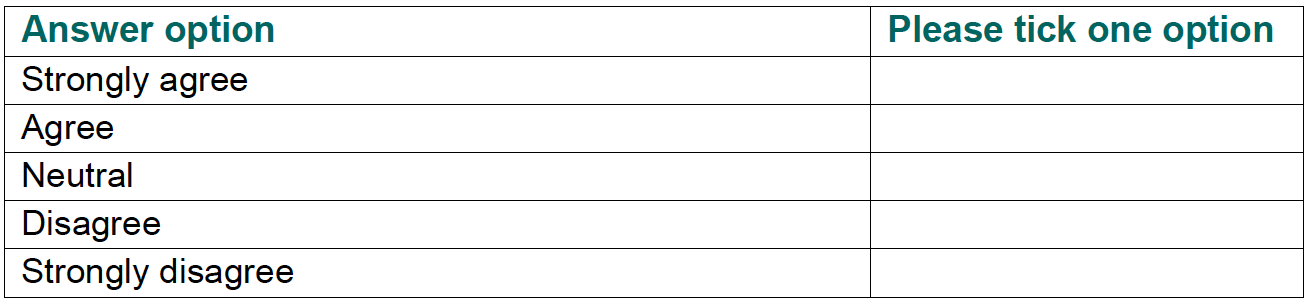 Table for respondents to tick the option they would like to give as an answer to Question 6