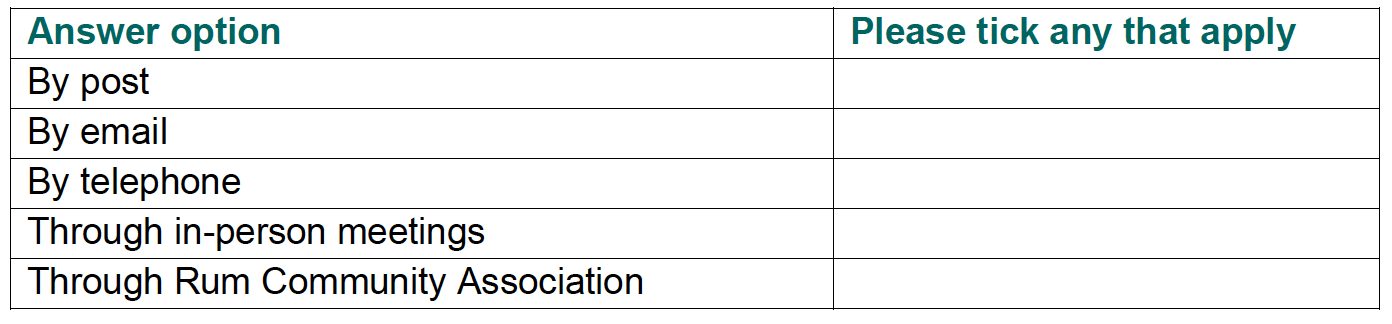 Table for respondents to tick any ways in which they would like to be kept informed about a potential sale