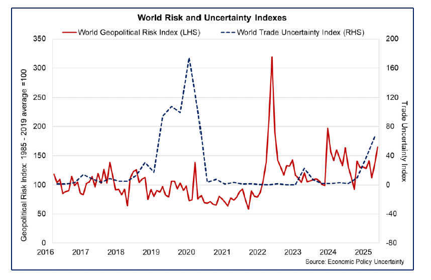 Line chart showing the elevation in world geopolitical risk since the start of 2022 accompanied by the increase in world trade uncertainty at the start of 2025. 