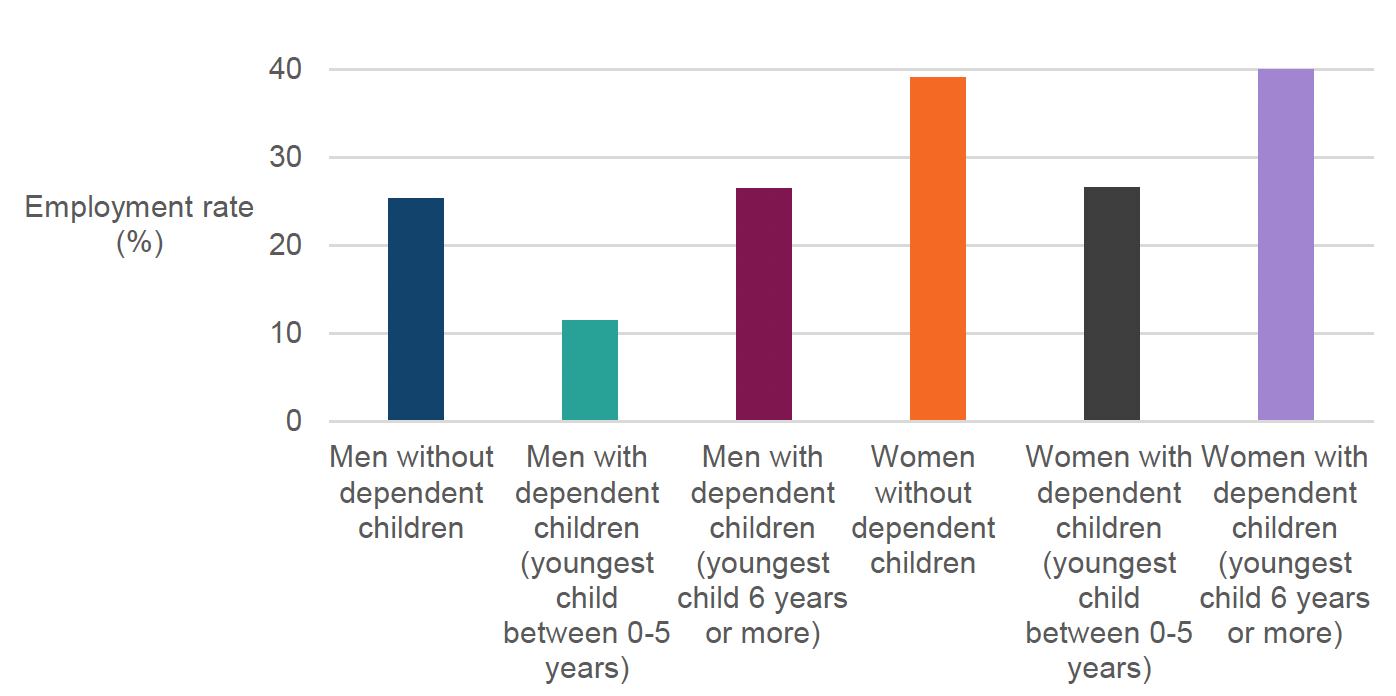 A bar chart showing the part-time employment rate by different genders and family types between 2008 and 2023. Over this period, women with young children are the most likely to work part-time.