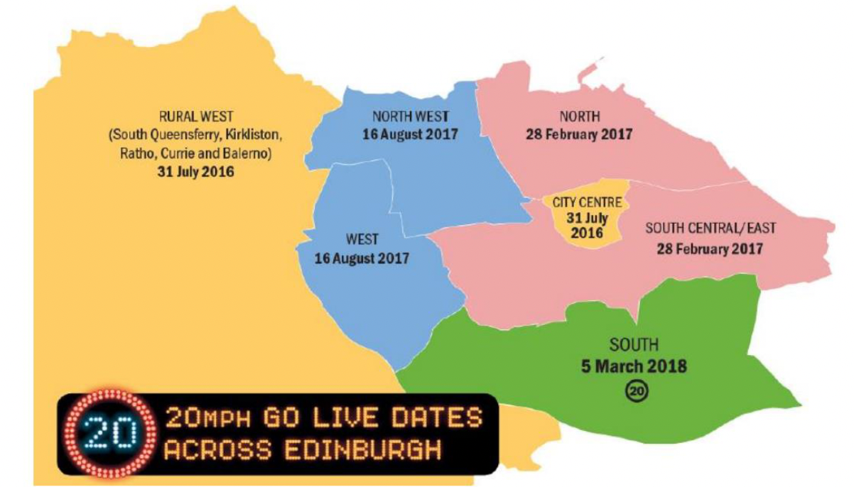 A map of seven different areas of the city of Edinburgh which shows the month and year when different parts of the city introduced 20 mph limits. 