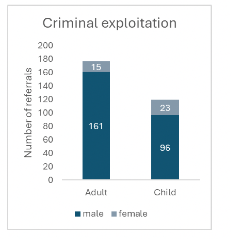 Figure 1. A barchart showing the total number of victim referrals for criminal exploitation to the National Referral Mechanism in Scotland in 2024. In this figure men and boys are more likely to be referred than women and girls.