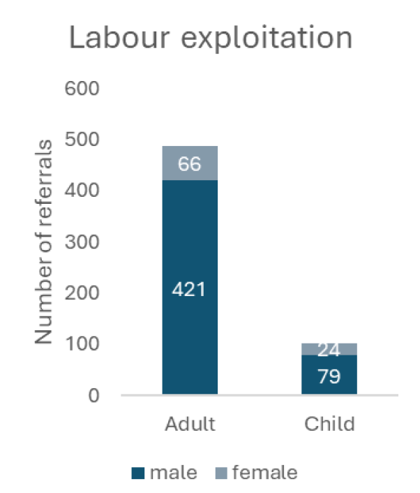 Figure 1. A barchart showing the total number of victim referrals for labour exploitation to the National Referral Mechanism in Scotland in 2024. In this figure men and boys are more likely to be referred than women and girls.