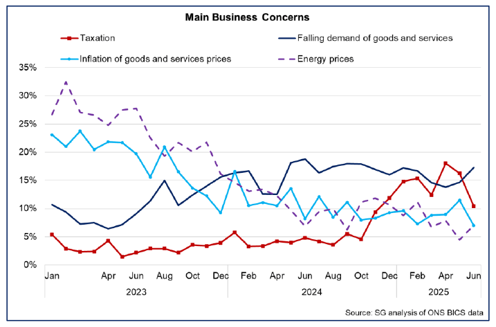Line chart showing the highest shares of businesses report falling demand for goods and services, and taxation, as their main concerns entering the second half of 2025.