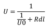 U-value equals one divided by the sum of one over the original stone wall U-value plus the additional thermal resistance introduced by the internal finish. In older buildings this could be a lath and plaster finish which would have a value of 0.17 metres squared Kelvin per watt.