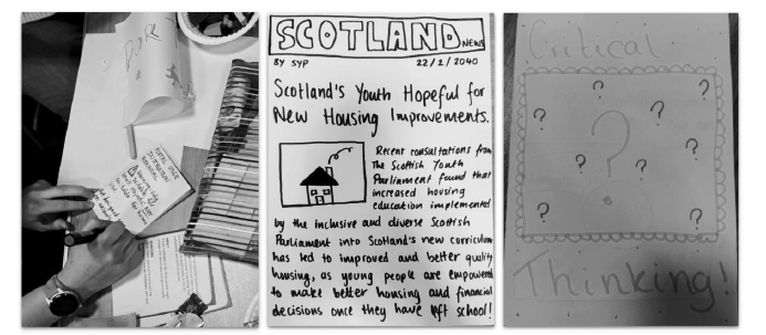  Pictures of three example artefacts produced by the participants during the exercise to produce artefacts from the future. The first artefact is instructions on how to use a portal to transport small objects. The second artefact is a newspaper article about housing improvements. The third artefact is a poster to encourage critical thinking. 

