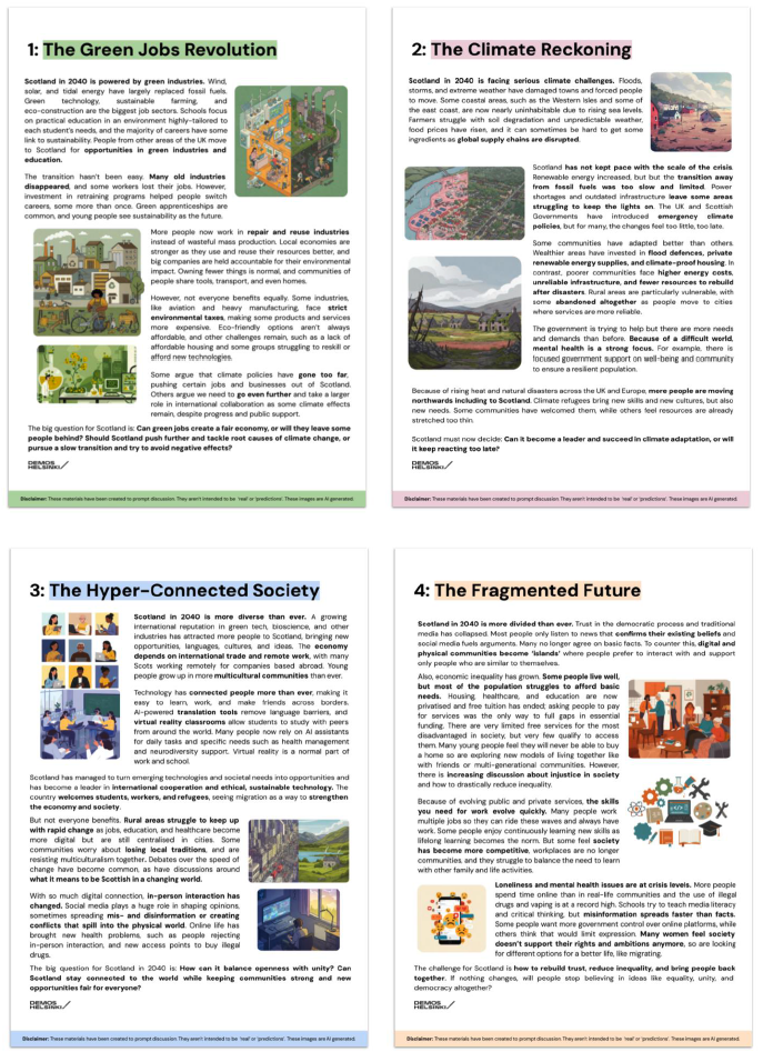 Four posters created by the groups. Titled - The Green Jobs Revolution: Highlights that in 2040, Scotland will be powered by Green energy industries. The Climate Reckoning: Highlights that Scotland is facing a serious climate crisis in 2040. The Hyper-Connected Society: Highlights that in 2040, Scotland is more connected than ever. The Fragmented Future: Highlights that Scotland is more divided than ever due to the collapse of traditional media.