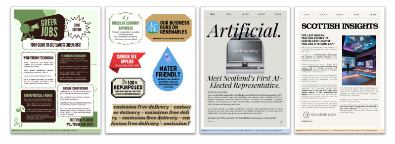 Four artefacts from the future as part of the tour of future states. 
These read:
Artefact 1, job poster: 
Green Jobs 2040 Edition 
YOUR GUIDE TO SCOTLAND’S GREEN JOBS!
 
WIND TURBINE TECHNICIAN 
Install, maintain, and repair wind turbines in Scotland’s onshore and offshore wind farms. 
Skills needed: Engineering, problem-solving, and working at heights. 
Salary range: £38,000–£65,000 per year. 
Why it matters: Wind energy now powers 90% of Scotland’s electricity, and technicians keep the grid running. 
ECO-CONSTRUCTION ENGINEER 
Design and build energy-efficient homes using recycled and sustainable materials. 
Skills needed: Architecture, materials science, and sustainability planning. 
Salary range: £42,000–£75,000 per year, depending on project scale. 
Why it matters: All new buildings in Scotland must meet strict net-zero standards. 
URBAN VERTICAL FARMER 
Grow food in high-tech indoor farms using hydroponics and AI monitoring. 
Skills needed: Plant science, tech skills, and business management. 
Salary range: £30,000–£50,000 per year, with bonuses for high-yield farms. 
Why it matters: With farmland shrinking, cities now produce 40% of Scotland’s food supply. 
CIRCULAR ECONOMY DESIGNER 
Create products that last longer, can be easily repaired, or are fully recyclable. 
Skills needed: Product design, materials science, and innovation. 
Salary range: £35,000–£60,000 per year, plus royalties for sustainable designs. 
Why it matters: Scotland has outlawed planned obsolescence (companies’ planned end of products’ lives), making repairable products the norm. 
THE FUTURE IS GREEN. WILL YOU BE PART OF IT? 
Artefact 2: Product labels 
CIRCULAR ECONOMY APPROVED 
Product is repairable, reusable, or biodegradable. 
You’ll find me on furniture, clothing, and technology! 
Our business runs on renewables 
Mandatory for all businesses by 2045 
Carbon Tax Applied 
For exceeding carbon limits 
Water friendly 
This product was produced with minimal water and without damaging water ecosystems 
100% Repurposed 
I was made using only recycled, reused, or repaired materials 
Emission-free delivery (on delivery parcel tape) 
Artefact 3: Article
Artificial - Meet Scotland’s First AI-Elected Representative. 
Written by Nara Fisher 
A new era in politics begins today as Scotland swears in its first AI-assisted representative, GOV-AI 1.0. Trained on public input, ethics guidelines, and real-time citizen feedback, GOV-AI 1.0 promises transparent, data-driven decision-making - free from bias, corruption, or political influence. In its election, 74% of voters supported the AI-assisted governance model, citing faster policy decisions and increased public trust. 
Key Features include 24/7 public consultation, real-time policy adjustments based on public sentiment, and a lack of personal interests or susceptibility to lobbying. As a young voter from Falkirk said, '' For the first time, decisions are made by facts, not politics.' 
But critics warn: 'Who controls the AI?' Is this the future of democracy—or the end of it? 
March 2041 
Artefact 4: Article
Scottish Insights - The Last Human Teacher Retires: “A Screen Can’t Inspire You Like a Person Can” 
After 42 years in the classroom, Gordon McAllister, 67, has officially retired—Scotland’s last human teacher in a state school. 
His departure marks the final step in the country’s full transition to AI-driven education, where personalised AI tutors and virtual classrooms have replaced traditional teaching. 
McAllister spent his final years at Glasgow Virtual Academy, a school with no physical buildings where students log in through immersive VR environments. Though he adapted to AI-assisted teaching, he never fully accepted it. 
'A screen can deliver facts. A screen can test knowledge. But a screen can’t look a kid in the eye and see they’re struggling,'he says. 'It can’t inspire them. It can’t make them believe in themselves'. 
Since Scotland’s Digital Learning Pathway was launched in 2035, 35), AI educators have managed lesson delivery, assessments, and individualised learning paths. Students learn at their own pace, guided by AI mentors tailored to their personalities and abilities. Government reports boast higher academic performance and efficiency, but critics argue that something irreplaceable has been lost. 
'Students are smarter than ever, but lonelier than ever', McAllister reflects. 'They don’t form bonds with teachers anymore. They don’t have that one person who changes their life. I wonder if they even know what they’re missing.'
His students sent thousands of digital farewell messages, but for his last lesson, McAllister did something different. He turned off the AI systems, sat with his students in a real classroom, and taught the old way—just a teacher, a blackboard, and a conversation. 
'I wanted them to remember that learning isn’t just about information. It’s about connection.
Meanwhile, digital learning continues to climb to new heights. Scotland’s example is setting the bar internationally in 21st century education. To read more on the recent exchange between Scottish and Finnish education leaders, turn to page 10 inside. 
