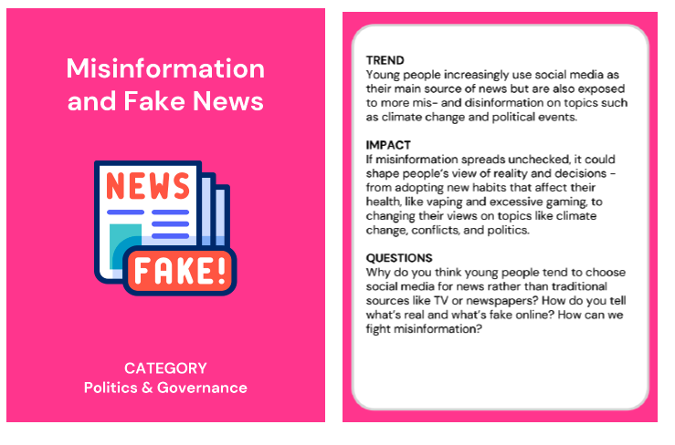 Trend card about polarisation and democracy in the category of politics and governance. The back of the trend card reads; 
Trend: Political and social divisions are deepening, and mis- and disinformation are increasing distrust and doubt over who can be trusted as a source of the truth. 
Impact: Mis- and disinformation spread widely, influencing how people form opinions and make decisions. This can reduce trust and make it harder to solve shared challenges. 
Questions: Why do you think society is becoming more polarised? What could help people with different views understand each other better? How could we build trust in society and democracy? 