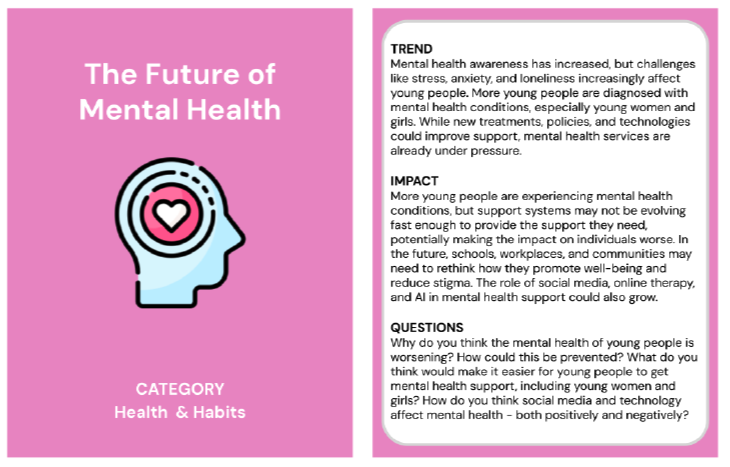 Trend card about the future of mental health in the category of health and habits. The back of the trend card reads;
Trend: Mental health awareness has increased, but challenges like stress, anxiety, and loneliness increasingly affect young people. More young people are diagnosed with mental health conditions, especially young women and girls. While new treatments, policies, and technologies could improve support, mental health services are already under pressure. 
Impact: More young people are experiencing mental health condition