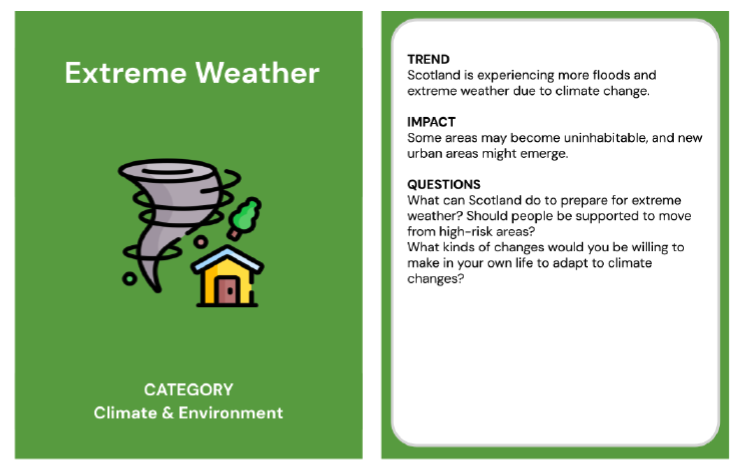 Trend card about extreme weather in the category of climate and environment. The back of the trend card reads;
Trend: Scotland is experiencing more floods and extreme weather due to climate change. 
Impact: Some areas may become uninhabitable, and new urban areas might emerge. 
Questions: What can Scotland do to prepare for extreme weather? Should people be supported to move from high-risk areas? What kinds of changes would you be willing to make in your own life to adapt to climate changes? 