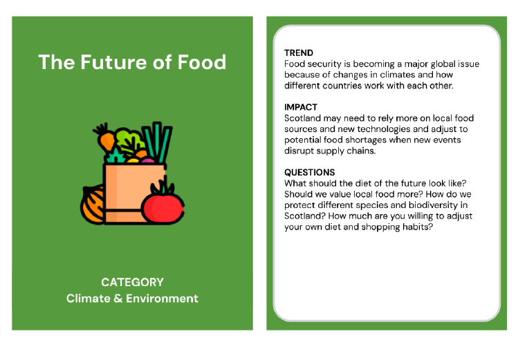 Trend card about the future of food in the category of climate and environment. The back of the trend card reads;
Trend: Food security is becoming a major global issue because of changes in climates and how different countries work with each other. 
Impact: Scotland may need to rely more on local food sources and new technologies and adjust to potential food shortages when new events disrupt supply chains. 
Questions: What should the diet of the future look like? Should we value local food mo